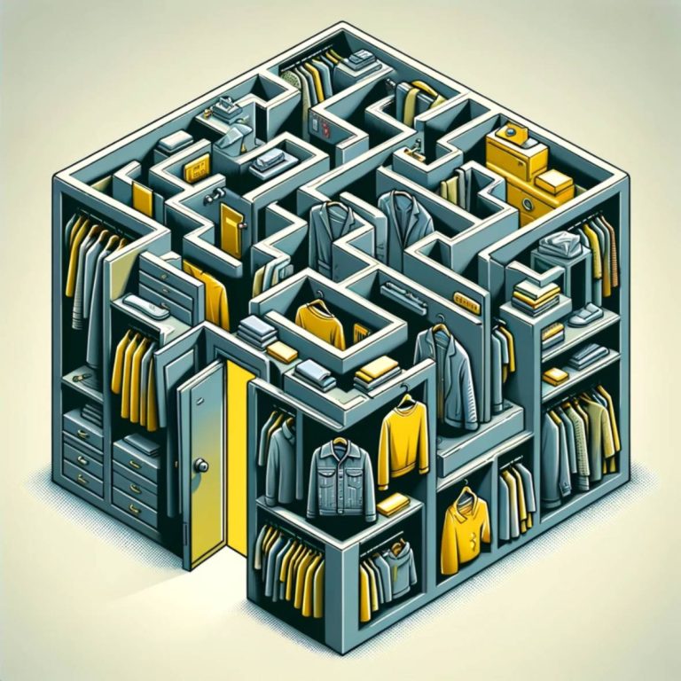 Ein labyrinthartiges Kleiderschrank-System in einem isometrischen Design mit gelb und grau als dominierende Farben.